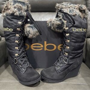 Bebe Rennee Puffy Logo Faux Fur Boots Size 8 Women's Knee High Black Tassels NEW